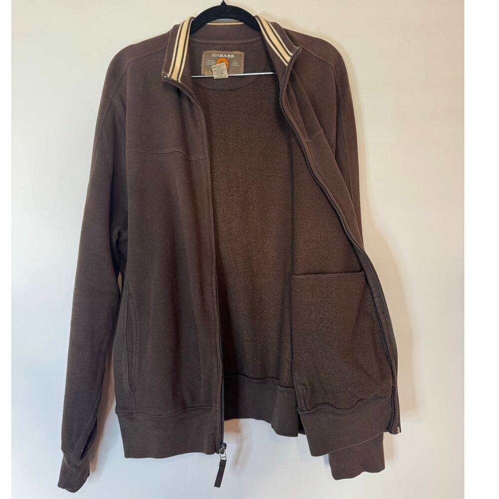 GH BASS Men's Medium Jacket Brown Full Zip Fleece Collar Striped Cotton Casual - Picture 4 of 4